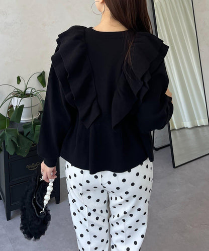 【總選舉參賽單品】愛心紐扣荷葉邊短款收腰開衫