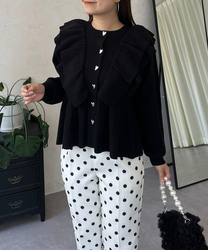 【總選舉參賽單品】愛心紐扣荷葉邊短款收腰開衫