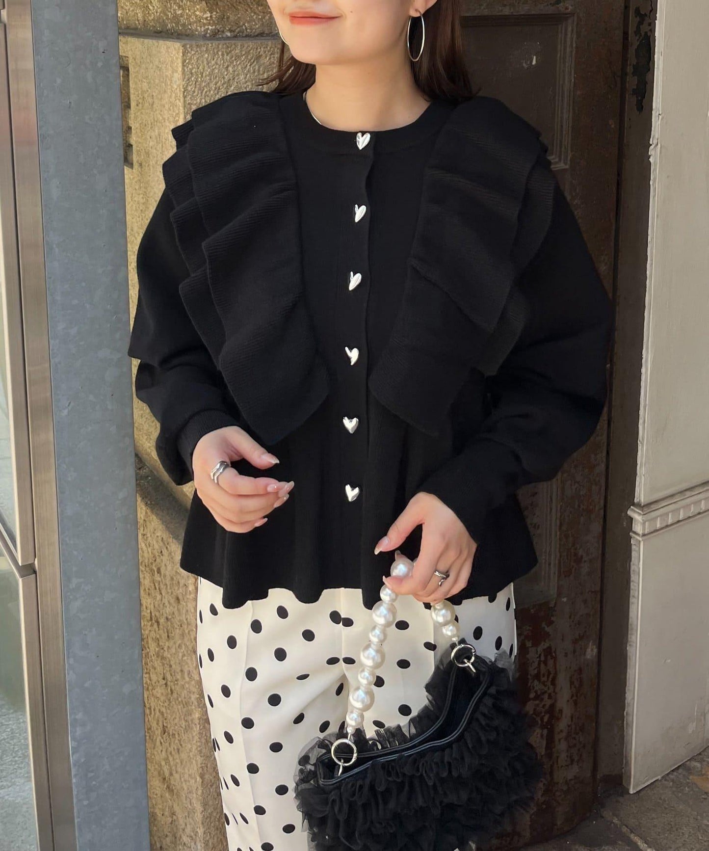 【總選舉參賽單品】愛心紐扣荷葉邊短款收腰開衫