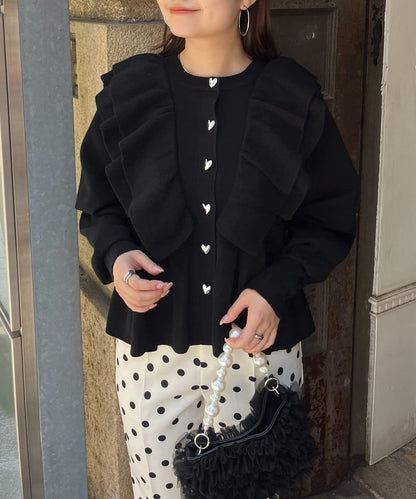 【總選舉參賽單品】愛心紐扣荷葉邊短款收腰開衫