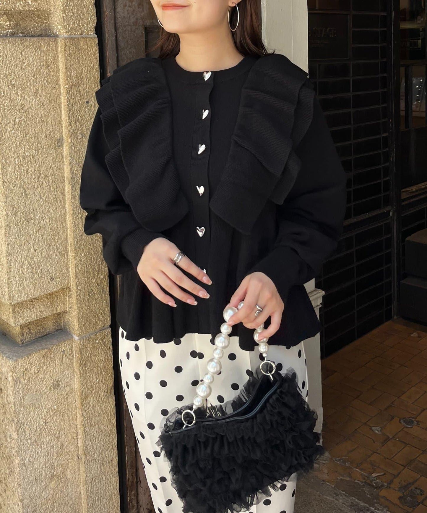 【總選舉參賽單品】愛心紐扣荷葉邊短款收腰開衫