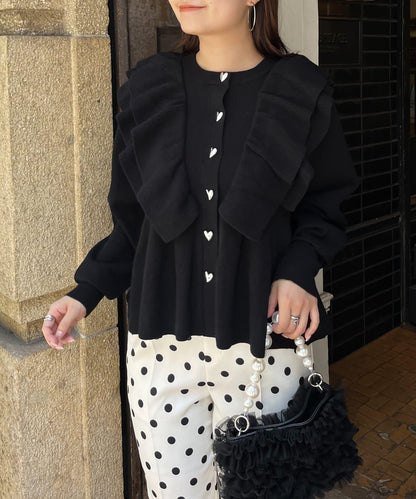 【總選舉參賽單品】愛心紐扣荷葉邊短款收腰開衫