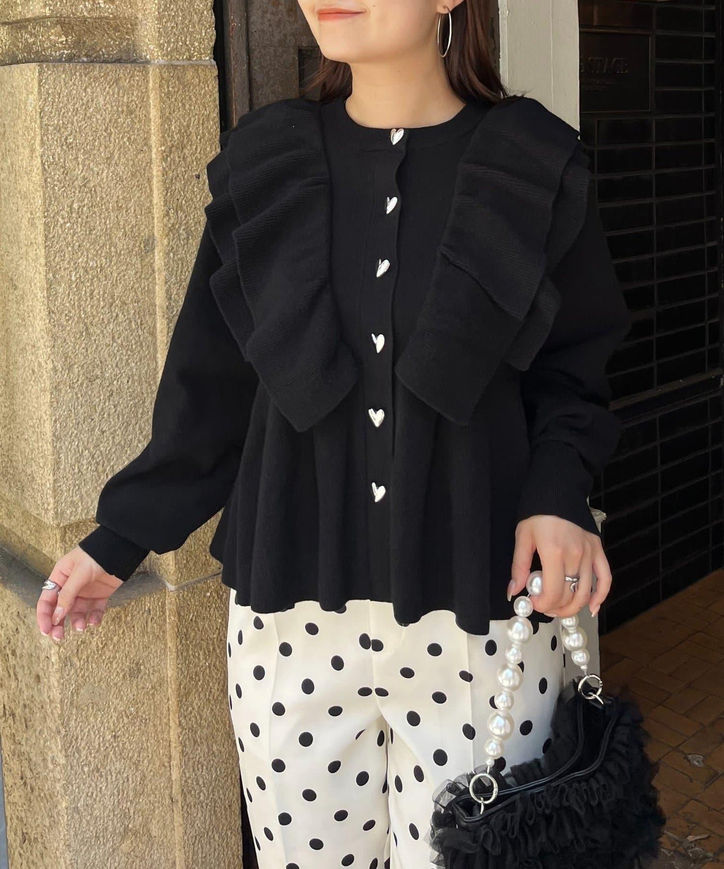 【總選舉參賽單品】愛心紐扣荷葉邊短款收腰開衫