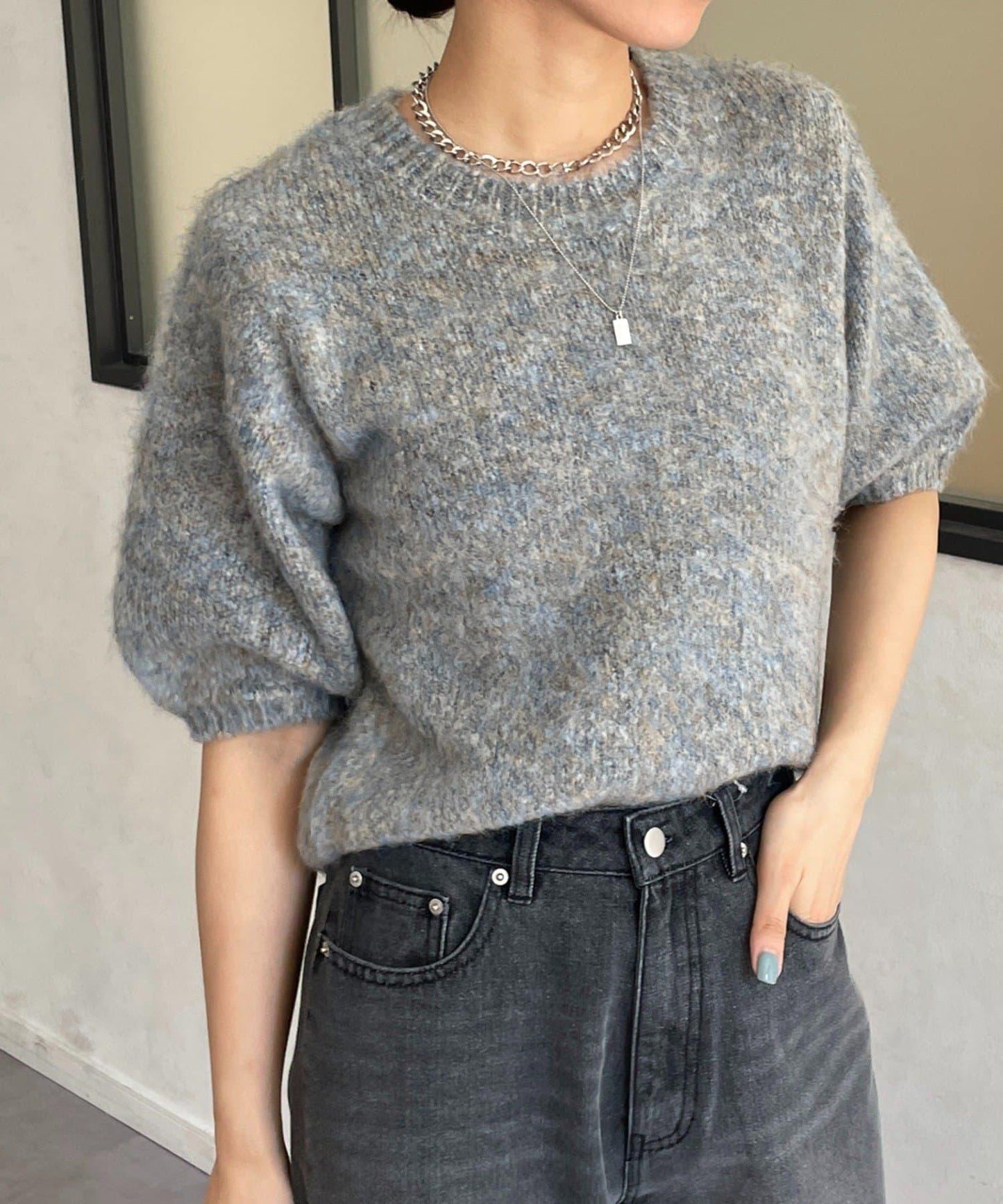 仿馬海毛混色半袖針織衫