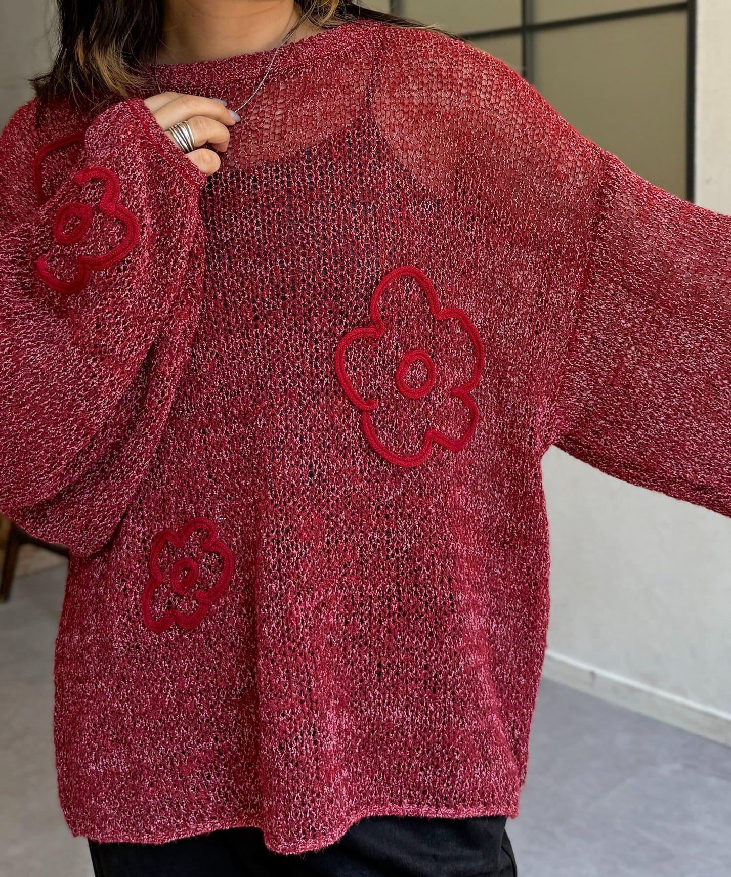 鏤空編織刺繡針織衫