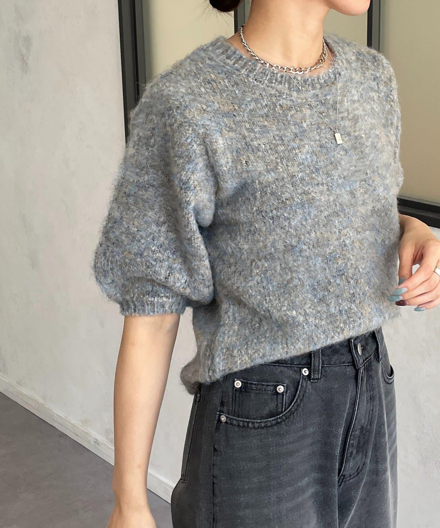 仿馬海毛混色半袖針織衫