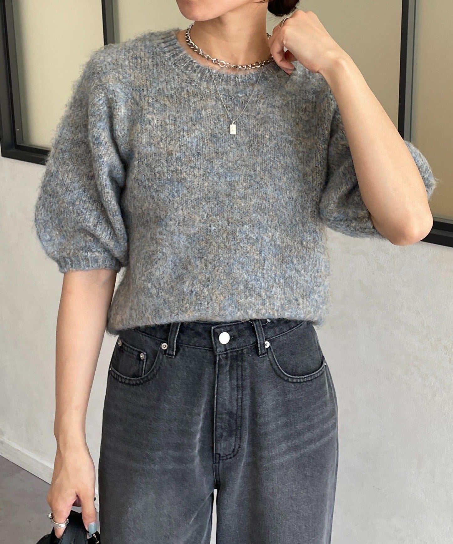 仿馬海毛混色半袖針織衫