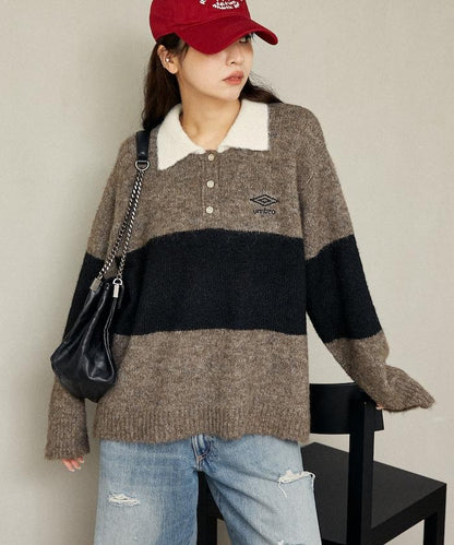 單點刺繡寬鬆橄欖球針織POLO衫