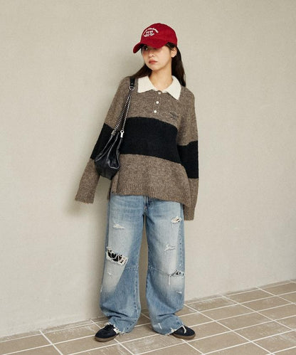 單點刺繡寬鬆橄欖球針織POLO衫