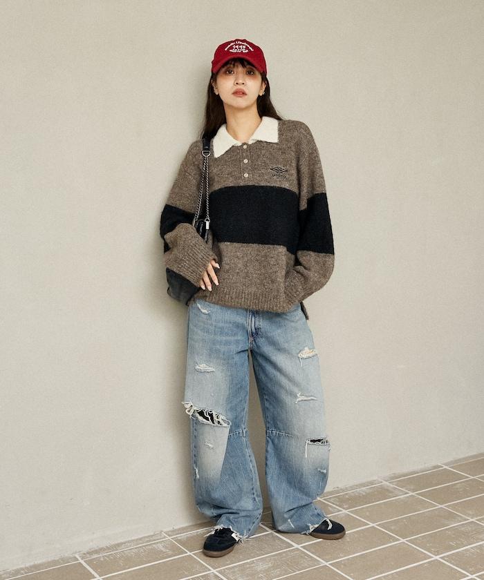 單點刺繡寬鬆橄欖球針織POLO衫