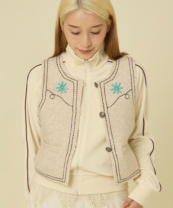 西部風格珠飾針織馬甲/金屬紐扣馬甲