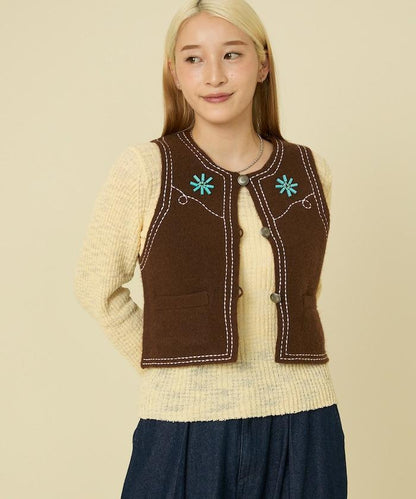 西部風格珠飾針織馬甲/金屬紐扣馬甲