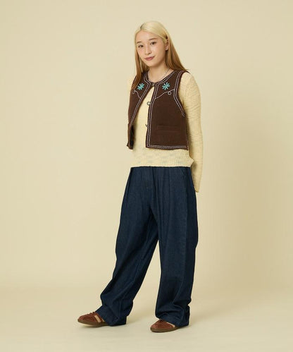 西部風格珠飾針織馬甲/金屬紐扣馬甲