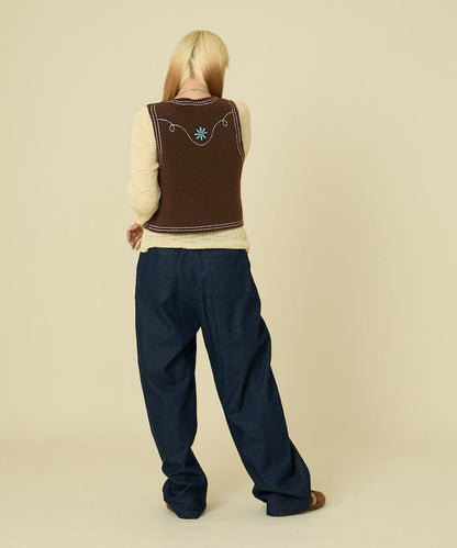 西部風格珠飾針織馬甲/金屬紐扣馬甲