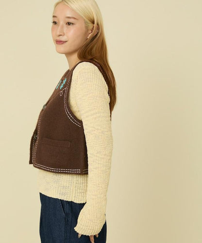 西部風格珠飾針織馬甲/金屬紐扣馬甲