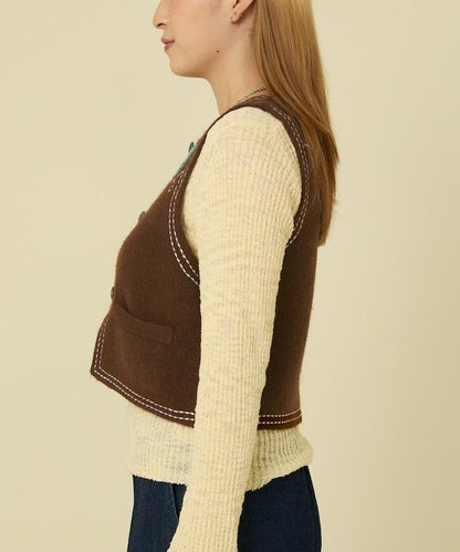 西部風格珠飾針織馬甲/金屬紐扣馬甲