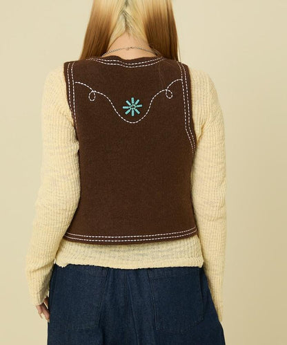 西部風格珠飾針織馬甲/金屬紐扣馬甲