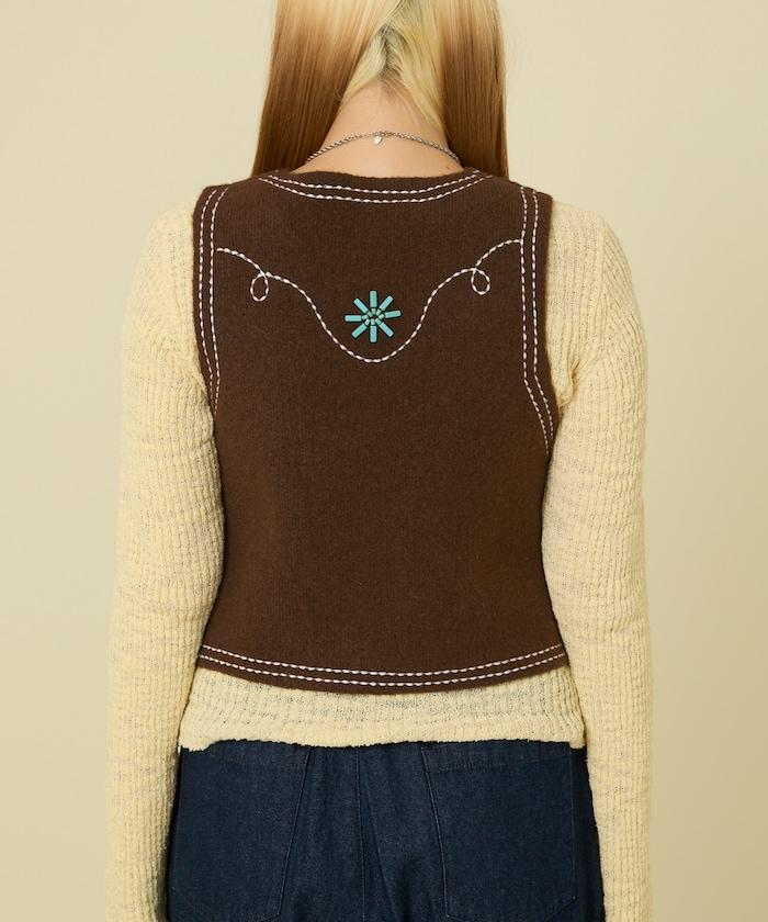 西部風格珠飾針織馬甲/金屬紐扣馬甲