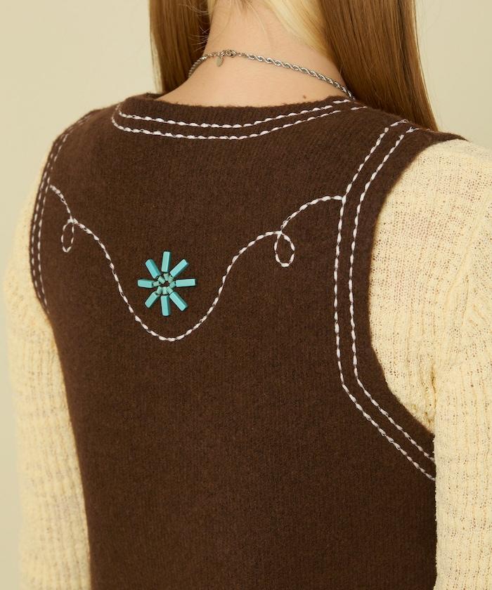 西部風格珠飾針織馬甲/金屬紐扣馬甲