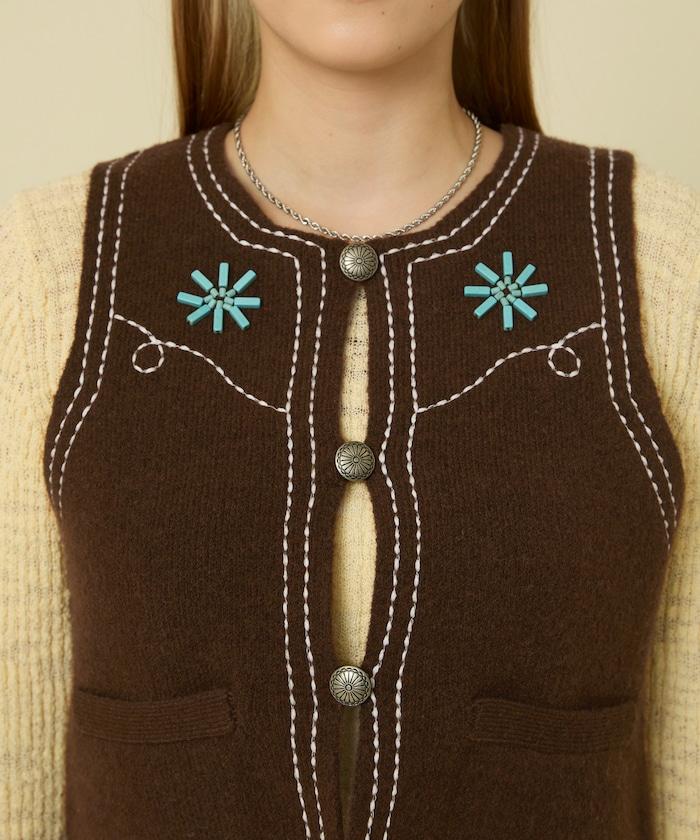 西部風格珠飾針織馬甲/金屬紐扣馬甲