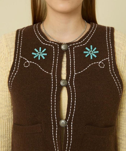 西部風格珠飾針織馬甲/金屬紐扣馬甲