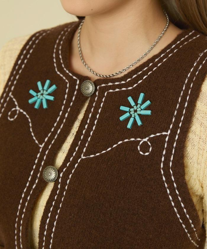 西部風格珠飾針織馬甲/金屬紐扣馬甲