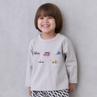 工程車輛刺繡長袖T恤