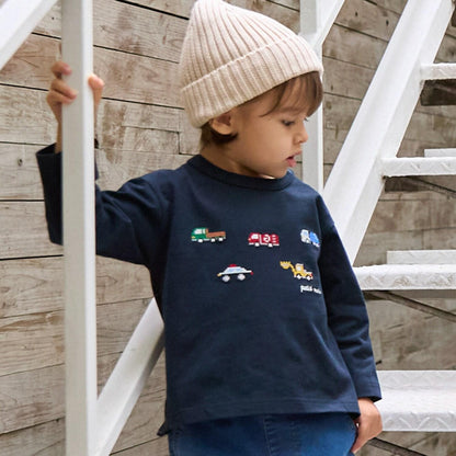 工程車輛刺繡長袖T恤