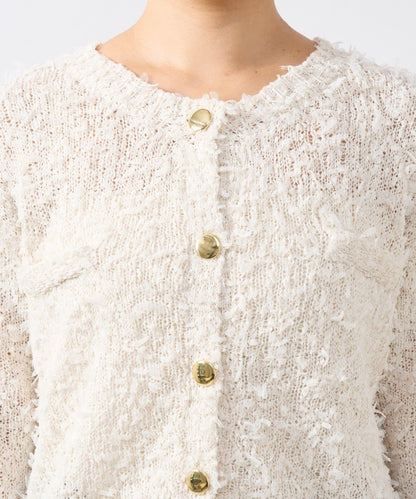 適合打造輕盈造型的亮片薄紗帶紗線金色紐扣開衫