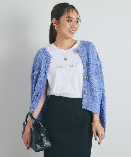 適合打造輕盈造型的亮片薄紗帶紗線金色紐扣開衫