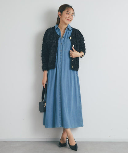 適合打造輕盈造型的亮片薄紗帶紗線金色紐扣開衫