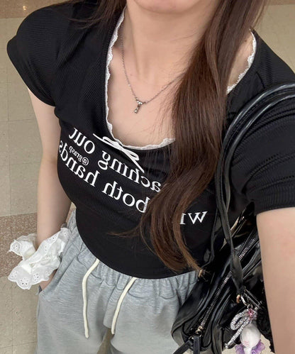 【RMAF】領口蕾絲羅紋T恤