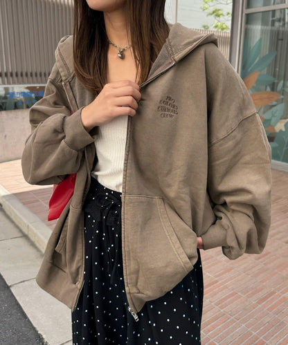 水洗刺繡雙拉鍊連帽衛衣