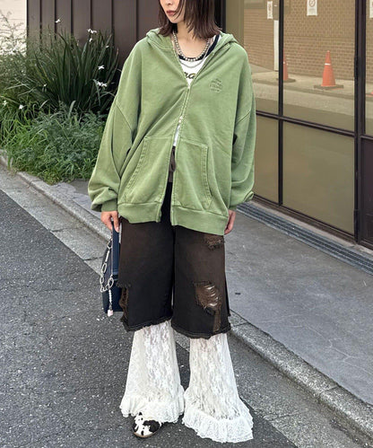 水洗刺繡雙拉鍊連帽衛衣