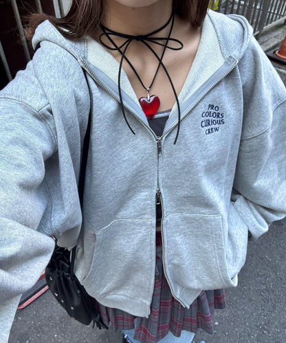 水洗刺繡雙拉鍊連帽衛衣