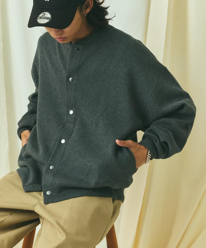 寬鬆版型 休閒風針織衛衣風圓領按扣開衫