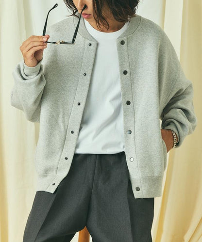 寬鬆版型 休閒風針織衛衣風圓領按扣開衫