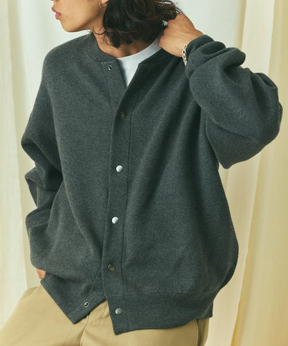 寬鬆版型 休閒風針織衛衣風圓領按扣開衫