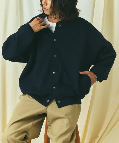 寬鬆版型 休閒風針織衛衣風圓領按扣開衫