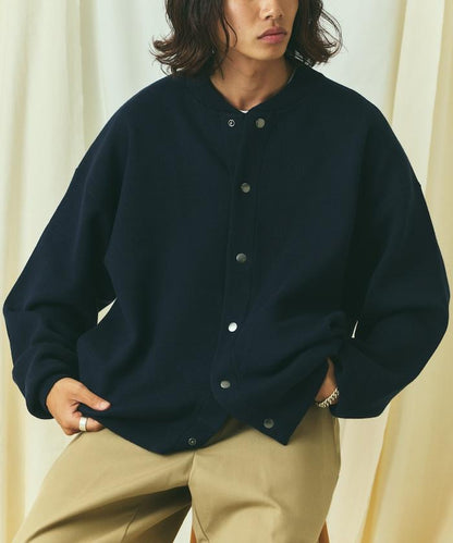 寬鬆版型 休閒風針織衛衣風圓領按扣開衫