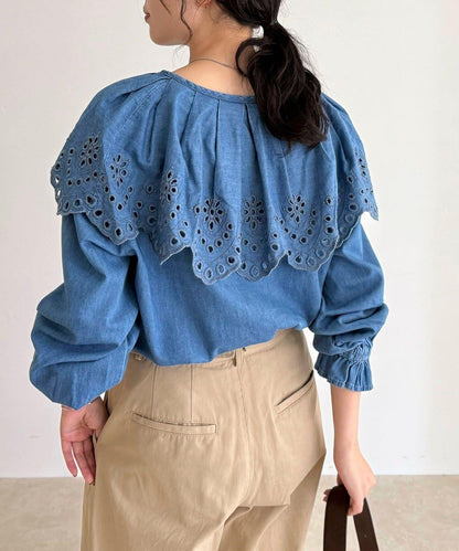 刺繡斗篷領牛仔襯衫