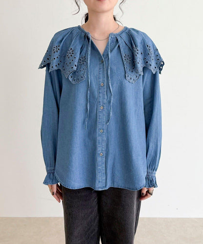刺繡斗篷領牛仔襯衫