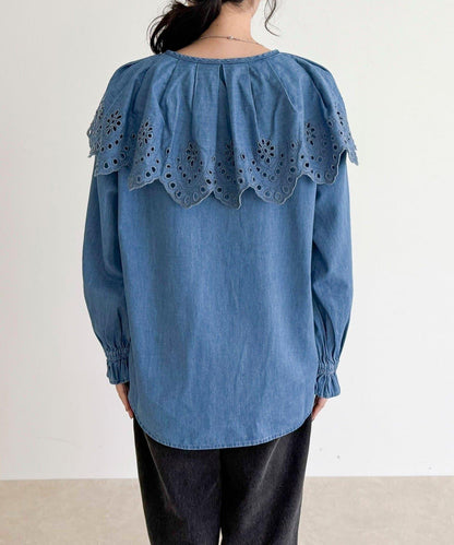 刺繡斗篷領牛仔襯衫