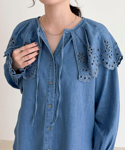 刺繡斗篷領牛仔襯衫
