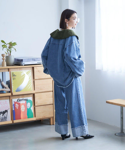 【NUNIFE】卷邊牛仔寬腿褲