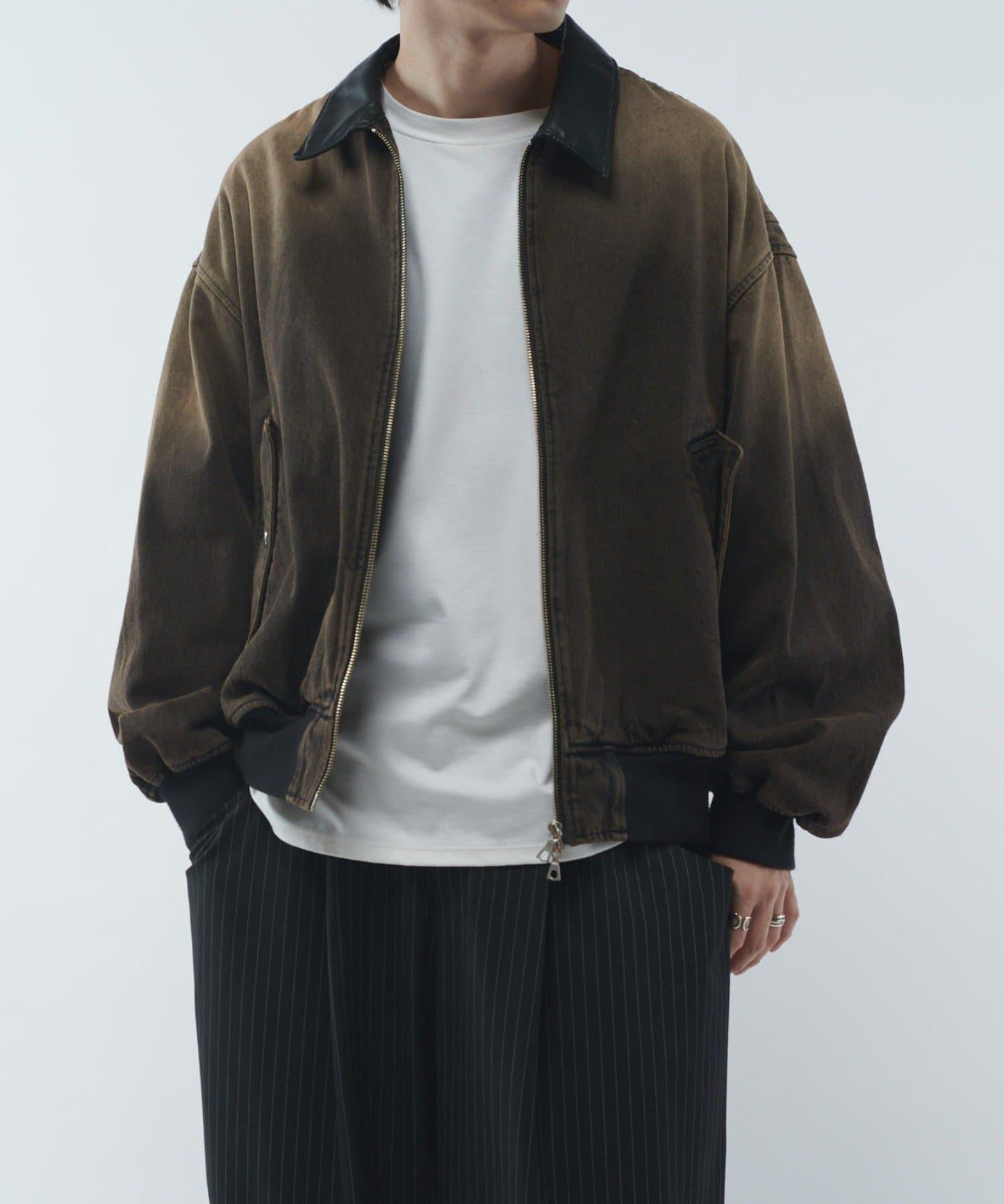 皮革拼接牛仔飛行夾克