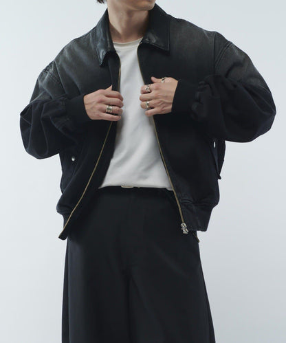 皮革拼接牛仔飛行夾克