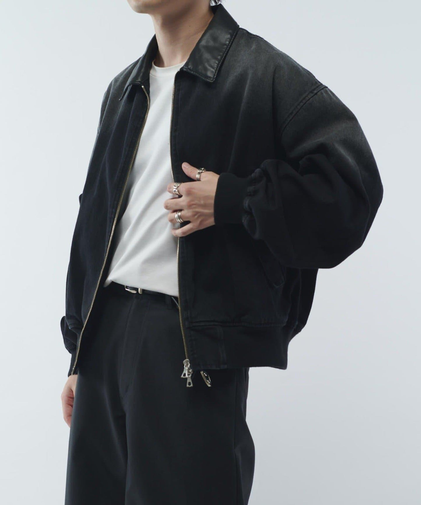 皮革拼接牛仔飛行夾克