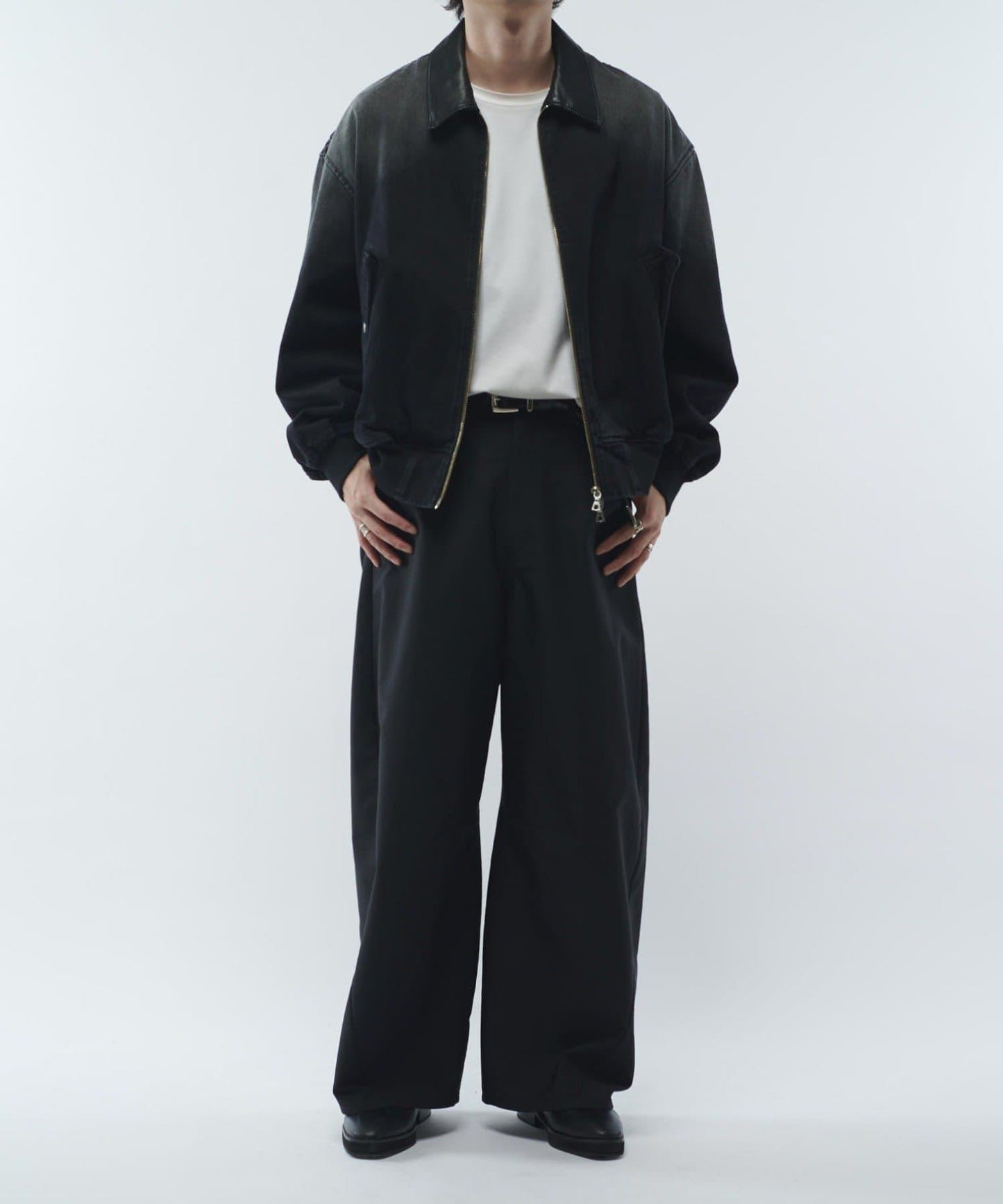 皮革拼接牛仔飛行夾克