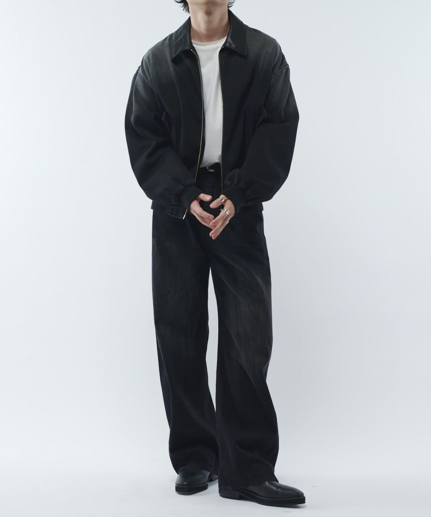 皮革拼接牛仔飛行夾克